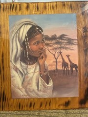 M. Carrol African Woman & Giraffes Realism Framed Acrylic Painting