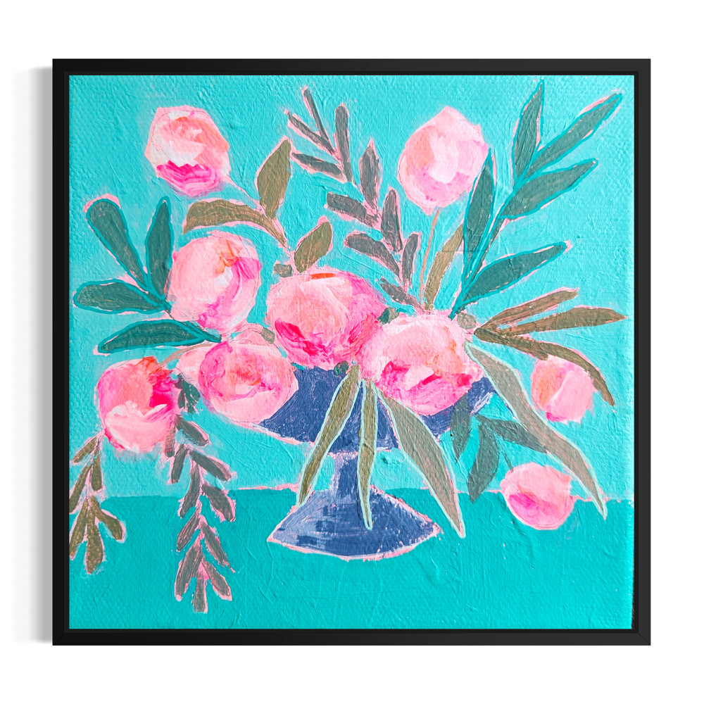 Original Abstract Floral Painting 6×6 Acrylic Teal Pink Dopamine Wall Art