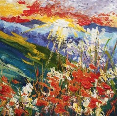 Original Landscape Oil Painting Sunset Wildflowers 8×8″ OOAK Home Wall Art