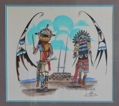 Daniel Namoki – Vintage Painting 2 Guard Kachinas – Eagle Wings – Kiva – Framed