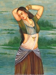 Indian Village Belle Painting Of Ladies Bathing In River On Paper 8×11.5 Inches