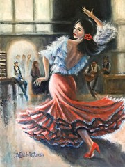 Flamenco Dancer in club setting: pleases them with her movements and gestures