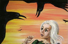 ACEO PRINT OF PAINTING RAVEN CROW HALLOWEEN HORROR RYTA THE BIRDS HITCHCOCK ART