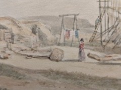 Watercolor Painting – Fishing Harbor Scene – 19th century New England School
