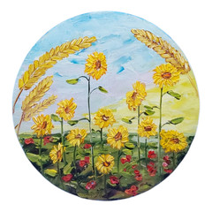 Ear of Wheat, Round Original Painting Sunflowers Poppies Wall Art Handmade 6.3in