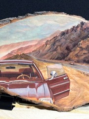 Original Art Oil Painting Car Retro Vintage California Mountain Nature Mikah
