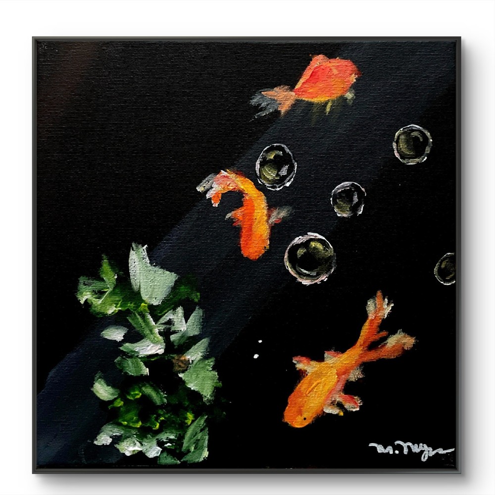 Mary Myers Original Goldfish Bubbles 10×10 Acrylic Signed Expressionist Wildlife