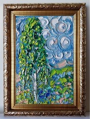 Framed Lonely Birch Tree Cloudy Sky Landscape 4×6” Impasto Oil Painting Original