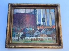 Antique Painting Wpa Regionalism Industrial Factory Landscape Urban Homes Oil