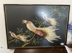 mid century modern asian feather art W28in L 20 Inch