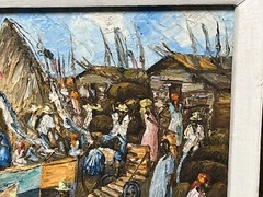 Vintage ORIGINAL ART PAINTING BY HAITIAN MASTER Fritz Bonnet Haiti Boat Docks