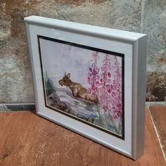 Watercolor Painting Art Print Moose in Water Pink Flower Signed MarLynk
