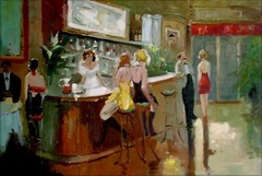 Framed, The Bar Lounge Restaurant, Quality Hand Painted Oil Painting 24x36in