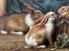 Framed Genre Scene Oil Painting Of Children Feeding Rabbits 28” X 24”