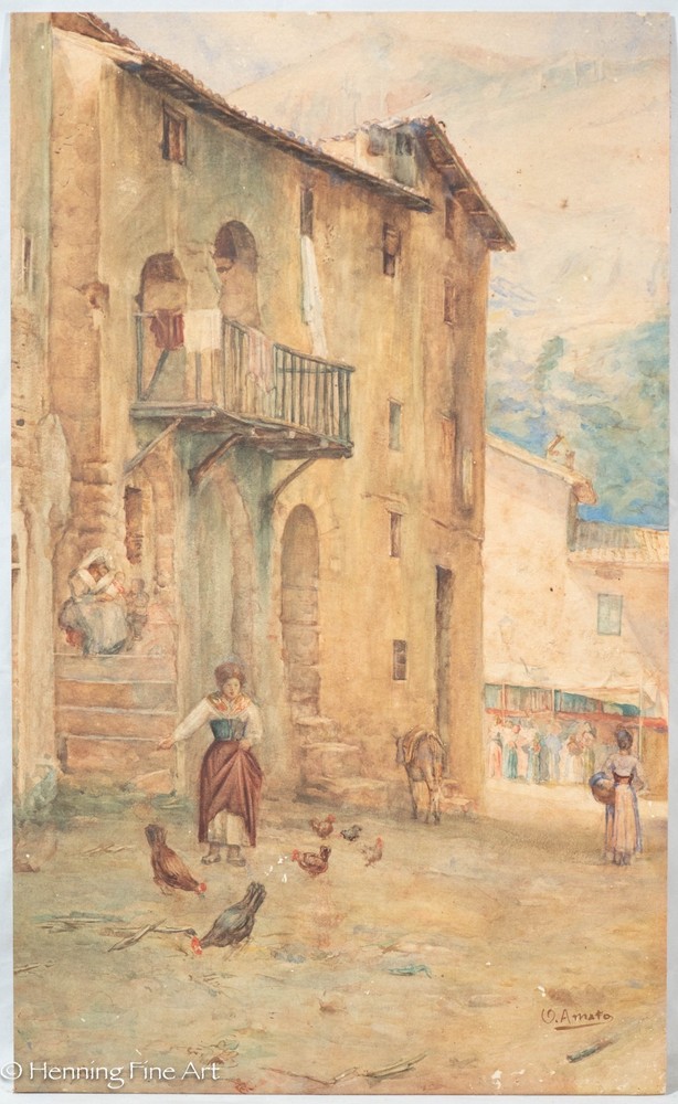 Beautiful Orazio Amato Antique Painting of Village Street Scene, Early & Rare