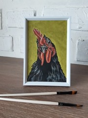 Chicken Original Oil Painting Farm Animal Portrait Framed 6 x 4 in Rooster Art