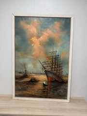 Beautiful Original Vintage Nautical Sailing Ship Seascape Oil on Canvas 26×38”