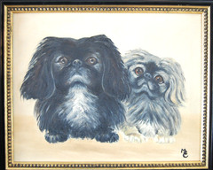 VTG 60S FRAMED ORIGINAL OIL PAINTING OF BLACK AND GRAY PEKINGESE DOGS ARTIST: ME