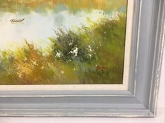 Oil Painting Stretch Canvas 32 13/16”W x 28 13/16”H Landscape Boat Grass-Angela
