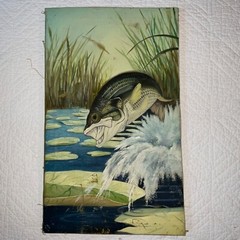 Vintage 70s largemouth BASS fish hand painted oil painting fishing fisherman