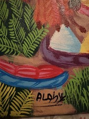 Alaby Original Folk Art Painting on clothing Village Scene Signed 2007 16×12″