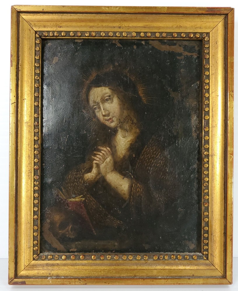 Antique Old Master Oil Painting Mary Magdalene on Copper Plate Framed
