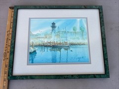 Framed art water coastal scene lighthouse boat 12×15 signed SEE PICS