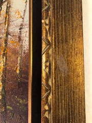 Vintage oil on canvas serene autumn forest scene mountains pond signed J Medina