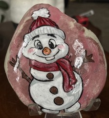 Hand Painted Rock „Happy Snowman” Collectible Garden Decor Art Gift