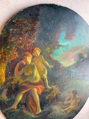 1850’s French Romantic Antique Oil Canvas – Allegory of Motherhood in Landscape