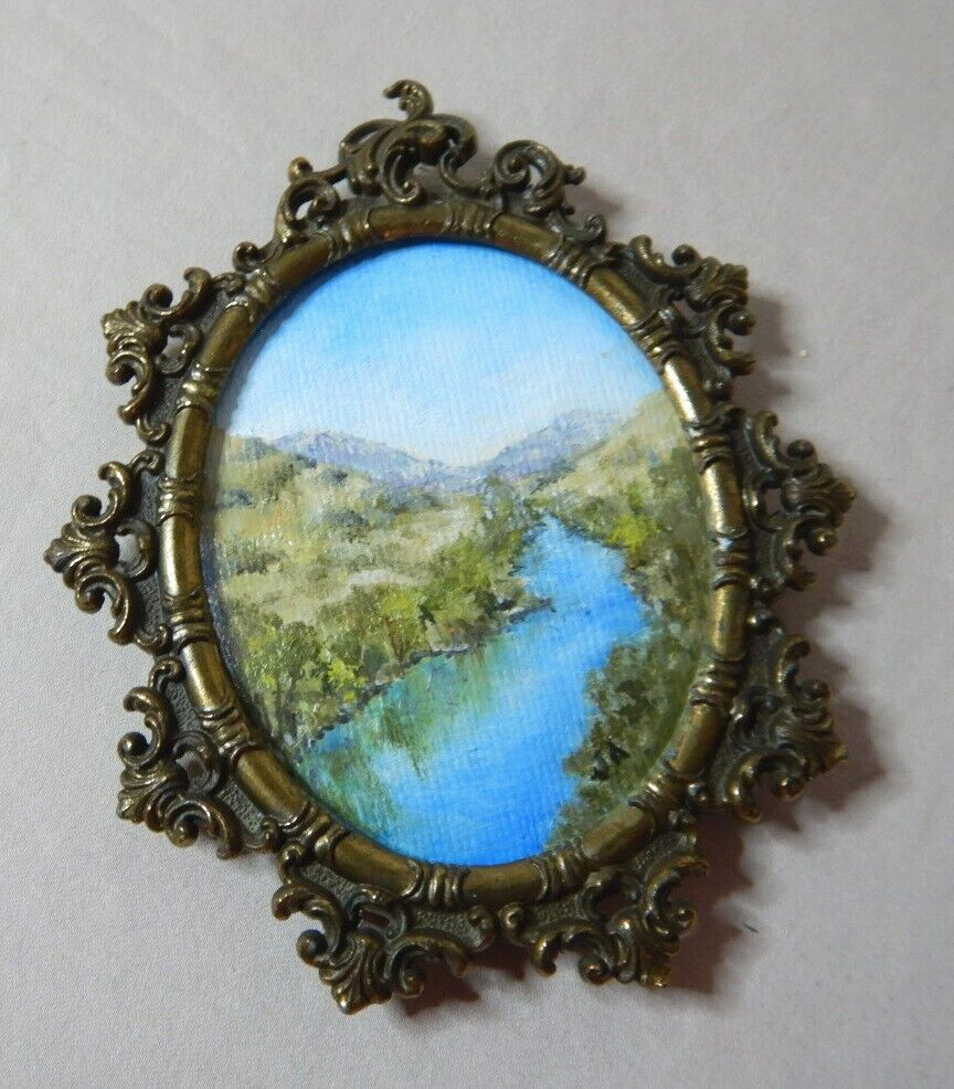 MINIATURE AUSTRALIAN OIL PAINTING IN AN ORNATE BRASS FRAME A RIVERSCENE BY J.A