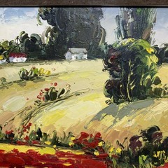 Oil Painting Landscape Red Yellow Poppies Field Gilded Ornate Wood Frame Signed