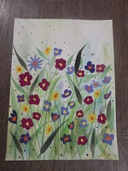 Original Art Watercolor Painting Poppy Flower Field Meadow Grass 11.75 Ooak