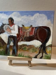 Abstract Cowboy wit Horse Original Acrylic Painting on 5″ x 7″ Canvas Panel OOAK