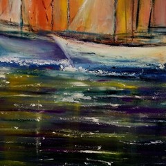 original abstract oil painting on canvas Ship marina boats sailboats sunset glft
