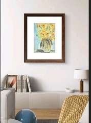 Original Signed Watercolor. 9 x 12″ matted to 12×16.Yellow. Turquoise.Bouquet.