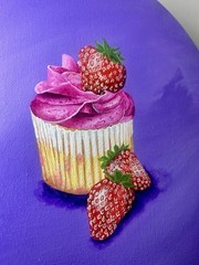 Unframed Hand Painted Strawberry Cupcake Still Life Painting Round Canvas