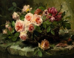 Pink Roses in a Basket Still Life Oil painting Giclee Printed on canvas P1832