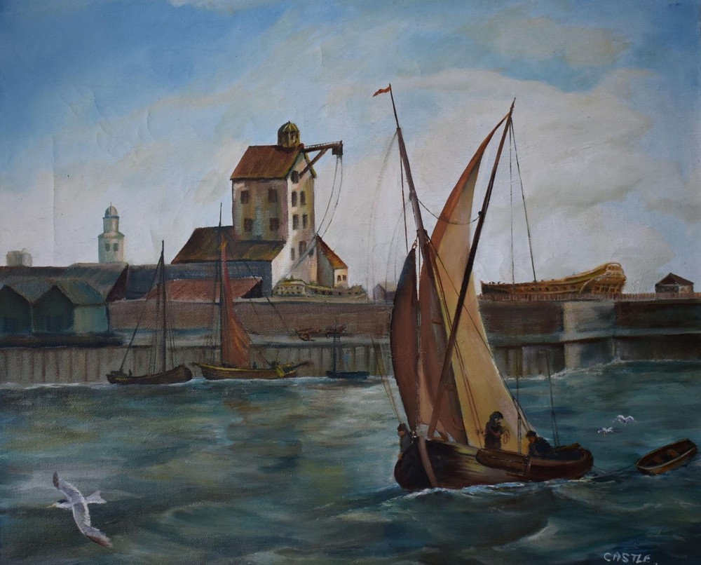 YACHT LEAVING THE HARBOUR OIL PAINTING ERIK HARVEY BRITISH SCHOOL c1970s