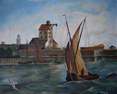 YACHT LEAVING THE HARBOUR OIL PAINTING ERIK HARVEY BRITISH SCHOOL c1970s