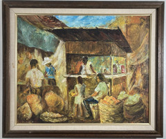 Vintage Original Oil Painting Impressionist Outdoor Market People Signed 1972