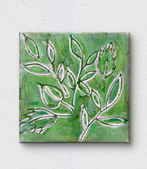 Original Green Leaves Painting 12×12 Emerald Botanical Art 3D Textured Abstract