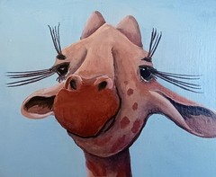 Whimsical Giraffe Wall Art Oil On Canvas Hand Painted Signed 7 X 5 Inches, Kids