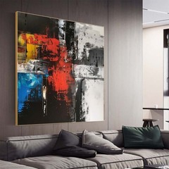 Hand Painted Abstract Wall Art Painting On Canvas Black Red Blue Picture Room
