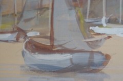 Mid Century Realist Signed Watercolor Painting Sailboats Harbour Marina Nautical