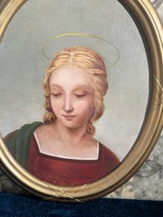Vintage Oval 1930 Antique Oil Painting after Raphael’s Madonna Virgin Mary
