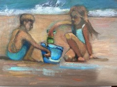 original oil painting of a Brother and Sister playing on the Beach