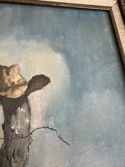 WILLIAM T. ZIVIC (1930-) „Rest in Peace“ OIL ON BOARD~1969 Boot Post Cowboy Hat