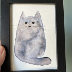 Gray Cat,funny,cute,original,watercolor miniature Painting,small,mini,framed