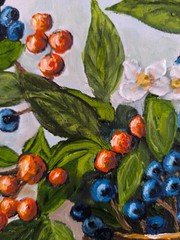 Original Oil Painting Floral Still Life Blue Berries White Blossoms Rustic Art